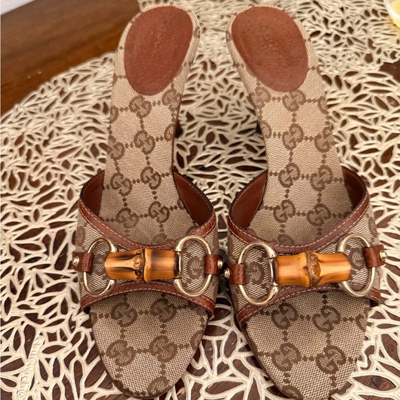 Gucci Shoes - Vintage Gucci Brown Bamboo Logo Mules